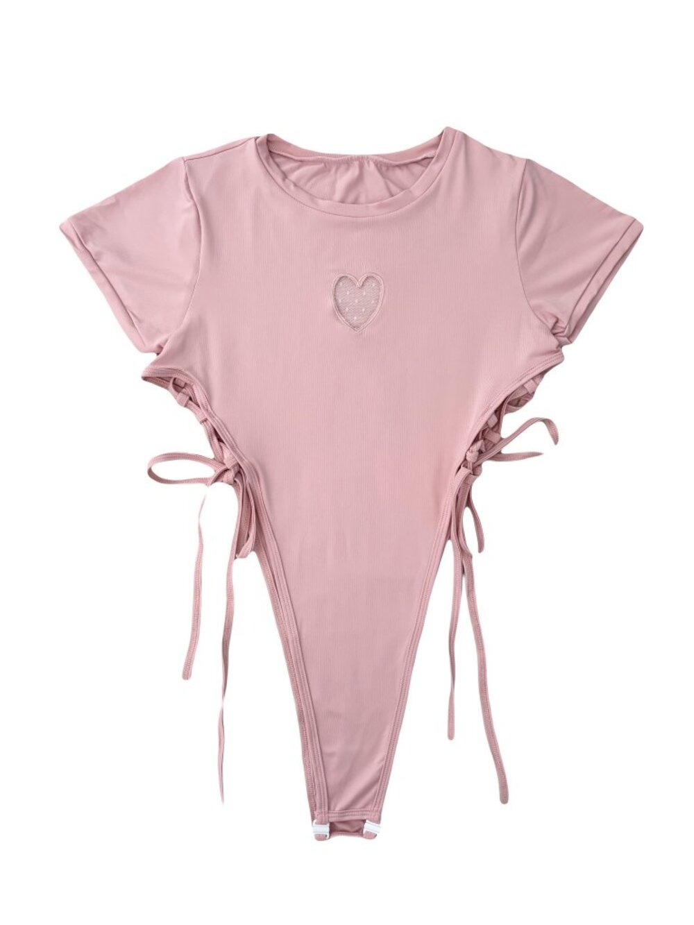 Lace-up side kawaii heart patch bodysuit